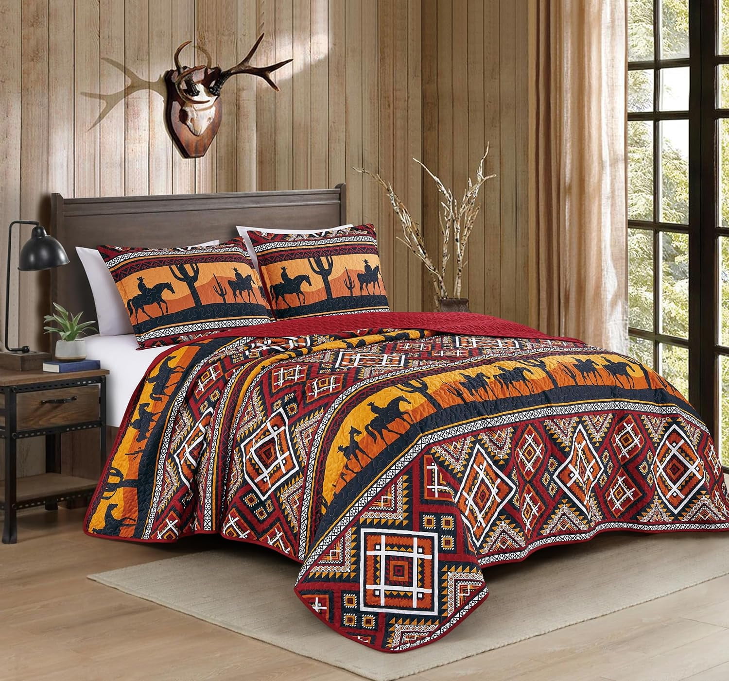Chezmoi Collection Rodeo 2-Piece Southwestern Sunset Cowboys Quilt Set Twin, Multicolor Red Orange Black White Printed Microfiber Lightweight Bedspread Set for All season