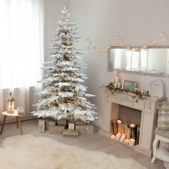 Fraser Hill Farm 7.5 ft Flocked Pine Valley Christmas Tree with Warm White LED Lights, FFPV075-5SN