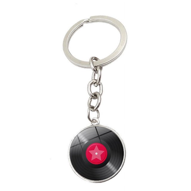 Llavero con colgante de piedra preciosa y disco de vinilo negro, llavero de metal creativo, accesorio para colgar en la bolsa