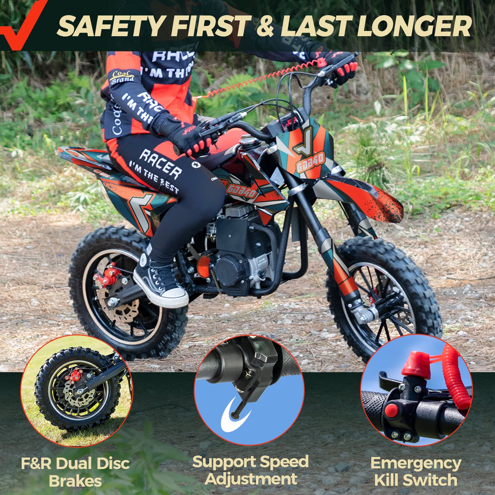 FRP FX40 40cc 4-Stroke Gas Powered Dirt Bike with Training Wheels, Safety Kill Switch, Max Speed 20 MPH, Front & Rear Disc Brakes, Stability Enhancement, EPA Certified - Red