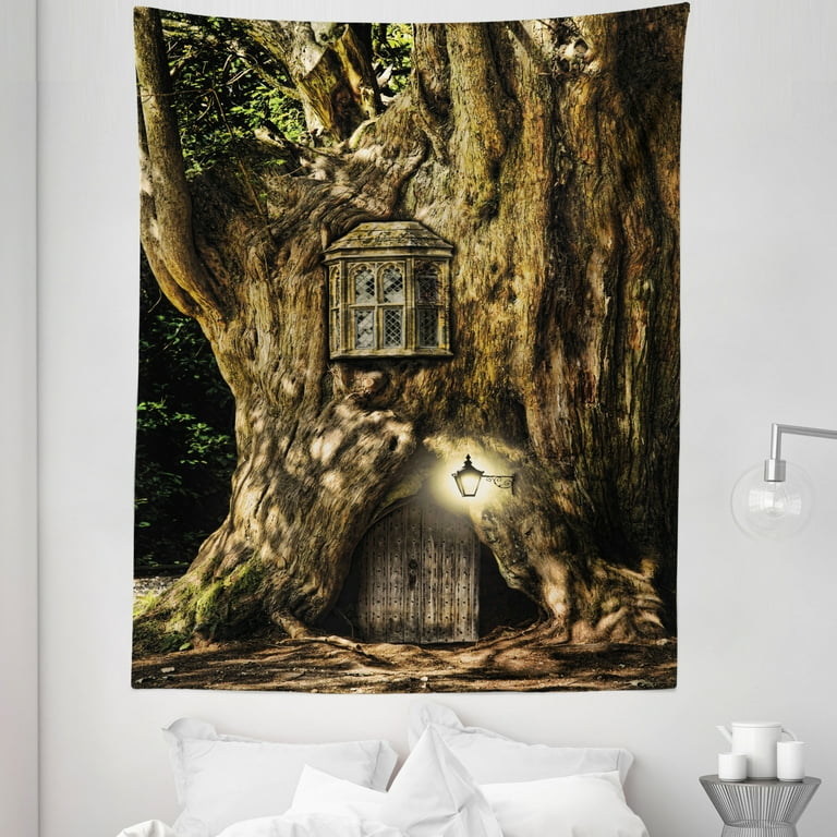 Fantasy Tapestry, House in Tree Trunk in Forest with Lanterns Folk
