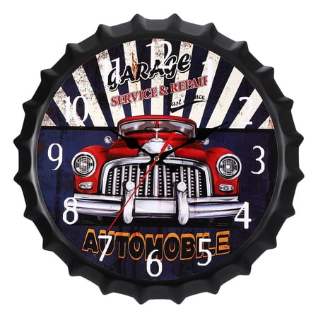 Uxcell Beer Cap Wall Clock 14 Inch, Retro Industrial Silent Non-Ticking Metal Clock for Man Bar Pub Garage Room Decor, Red Vintage Car Design