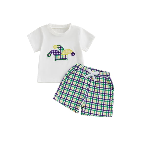 BemeyourBBs Toddler Baby Boys Mardi Gras Outfit Cute Infant Summer Clothes Clown Hat Embroidery Short Sleeve T Shirt Tops with Shorts 2Pcs Clothing Set