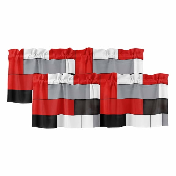2 Panels Red Grey Geometric Valance for Windows, Modern Black White Abstract Art Light Filtering Kitchen Curtains, Rod Pocket Window Treatment Curtain Valances for Living Room Bedroom, 54"x18"