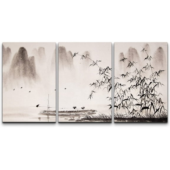 wall26 - 3 Piece Canvas Wall Art - Chinese Landscape Ink Painting - Modern Home Art Stretched and Framed Ready to Hang - 24"x36"x3 Panels