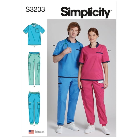 Simplicity Sewing Pattern 3203 -Unisex Scrubs, Size: A (XS-XXL)