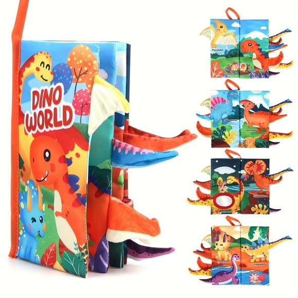 QJUHUNG Baby First Cloth Books Dino World Sensory Playset - High Contrast Soft Textures Dinosaur Tails for 0-3 Year Olds