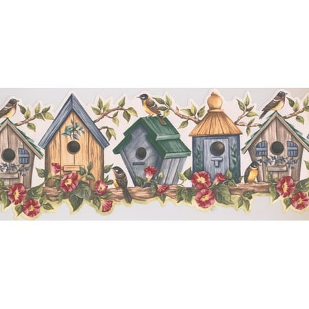 Jungle Animals Wallpaper Border Retro Art Birds on Bird Houses with Floral Design Animal 15' x 10'' Wallpaper Border ()