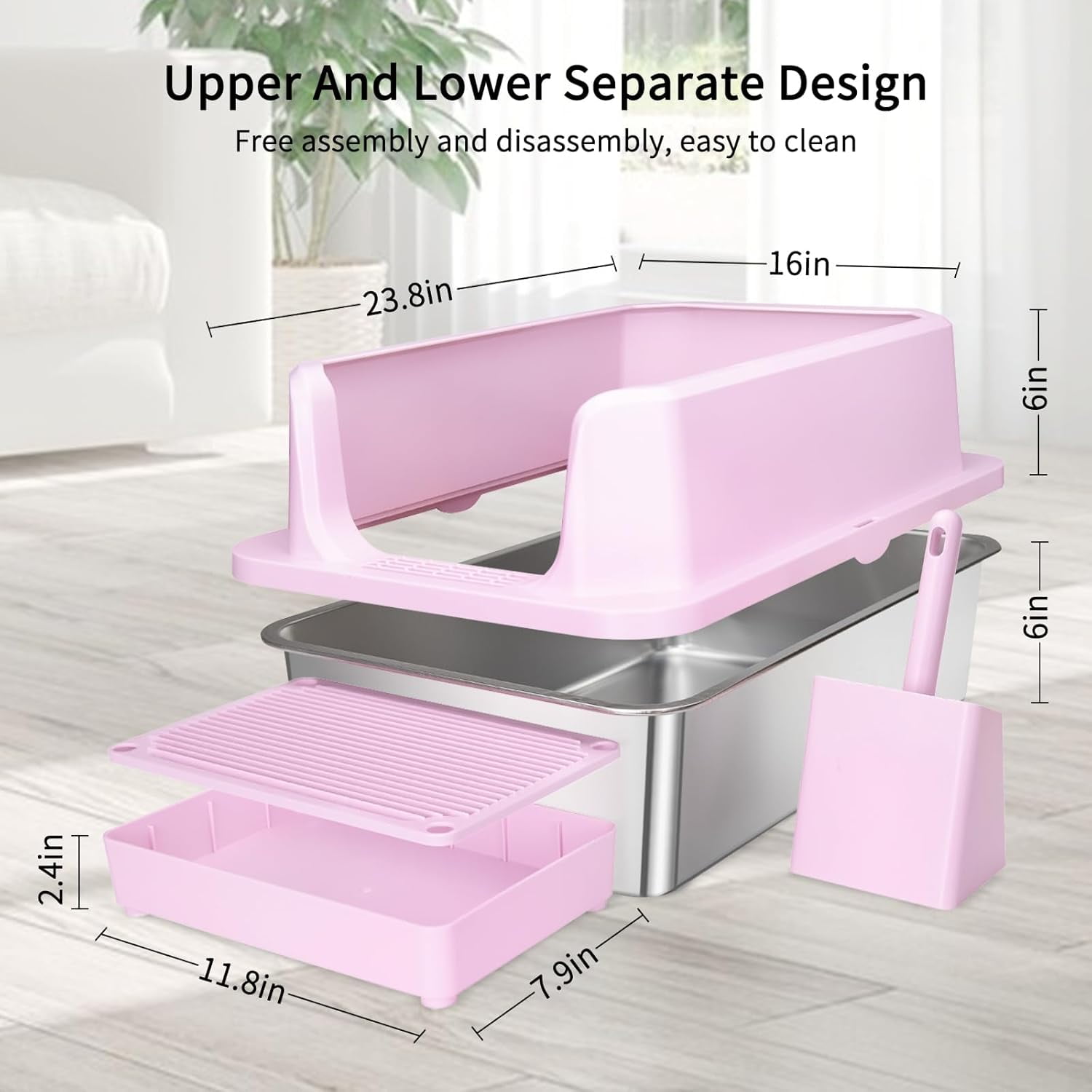 Stainless Steel Cat Litter Box, Semi-Enclosed Litter Box with Raised Edges, Anti-Leakage & Odorless, Large Litter Box for Small to Large Sized Cats (Dark Pink, 23.8" L*16" W*12" H)