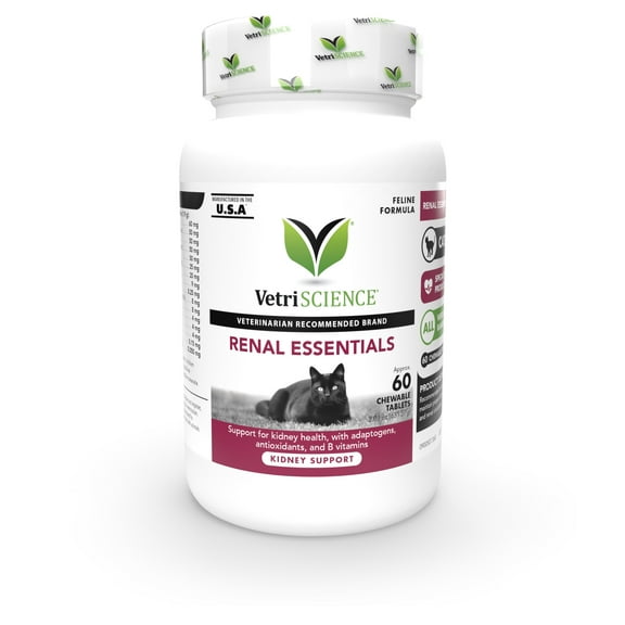 VetriScience Renal Essentials Kidney Supplement Tablet for Cats, Fish Flavor, 60 Count Bottle