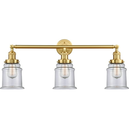

Satin Gold Tone Bathroom Vanity 30 Wide Clear Glass Steel/Cast Brass/Glass Medium Base LED 3 Light Fixture