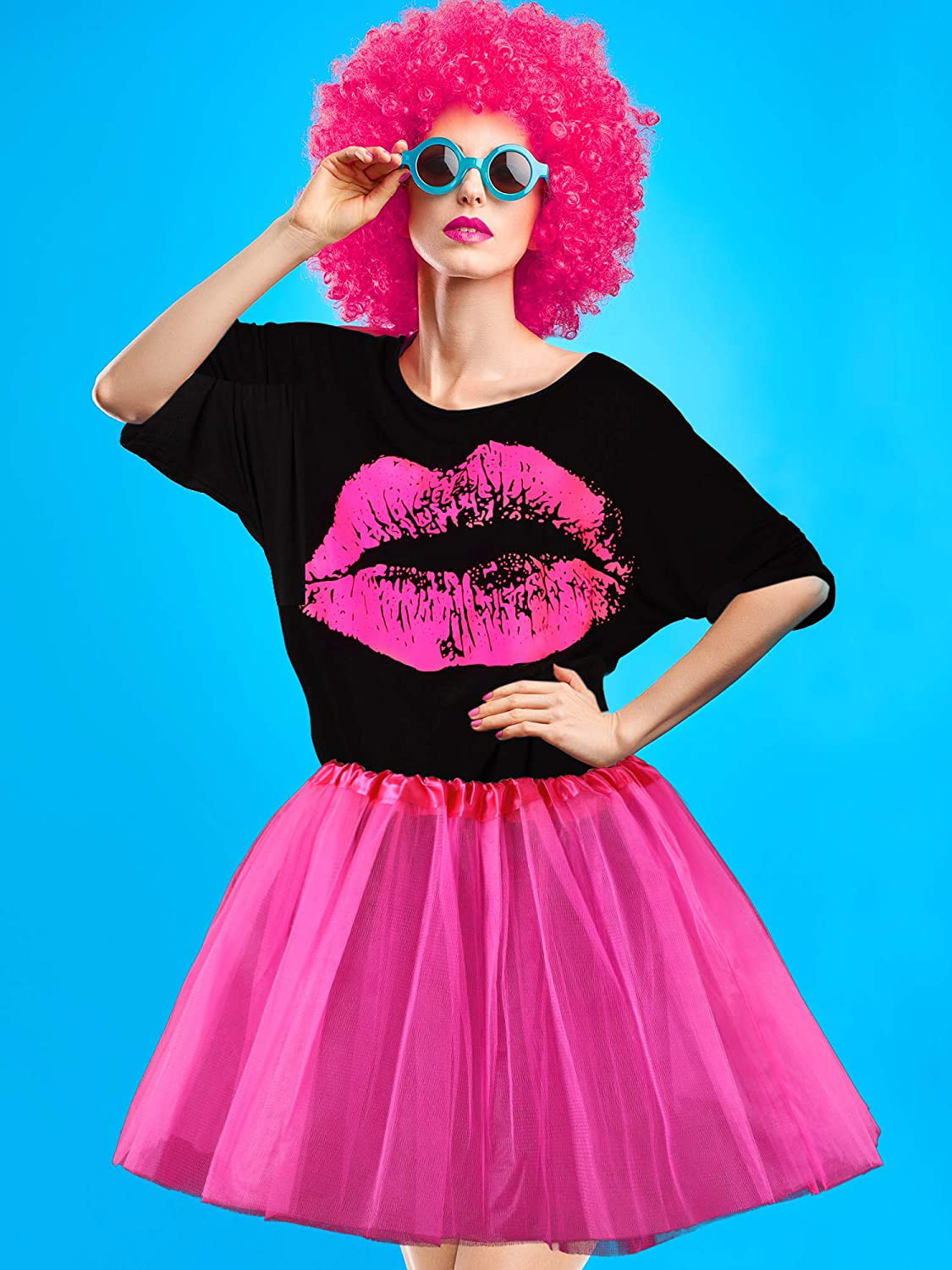 Women's 80s Costume Accessories Set Lips Print T-Shirt Fashion Adult Tutu Skirt Necklace 