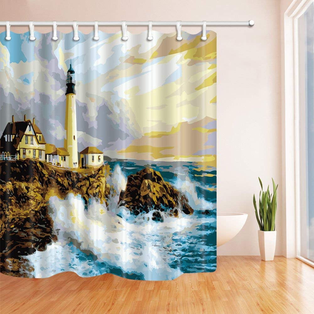 ARTJIA Painting Lover Huge Waves Rocks Lighthouse Polyester Fabric