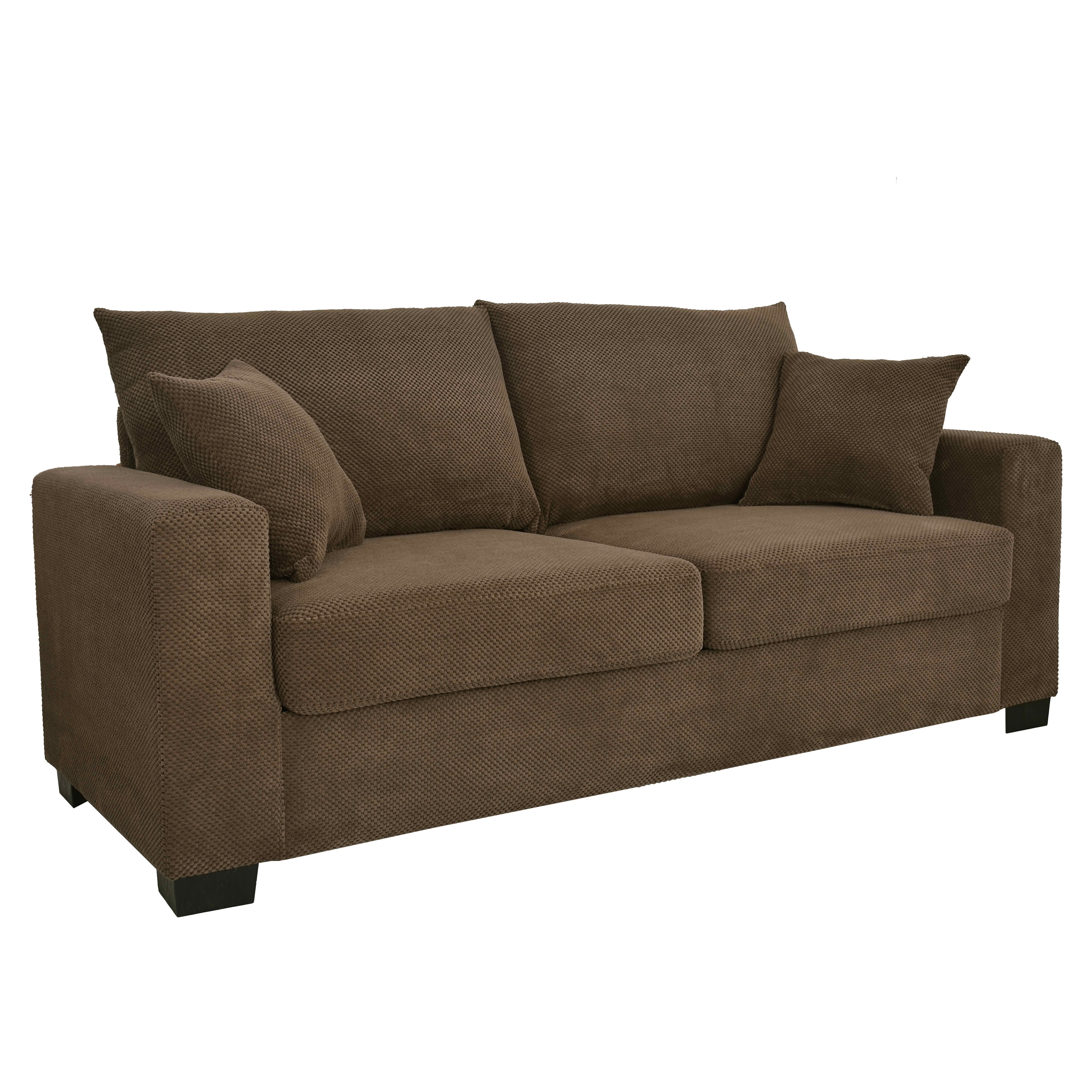 MAYEERTY 69 Inch 2‑Seater Upholstered Sofa, Textured Fabric Couch with 2 Throw Pillows and Plastic Legs for Apartment, Living Room, Home Office