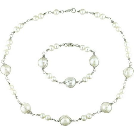 12-13mm and 6-7mm White Cultured Freshwater Potato Pearl Necklace and Bracelet Set