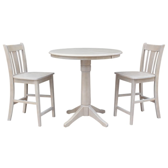 36" Round Counter Height Table with 12" Leaf and 2 San Remo Stools - Washed Gray Taupe - 3 Piece Set