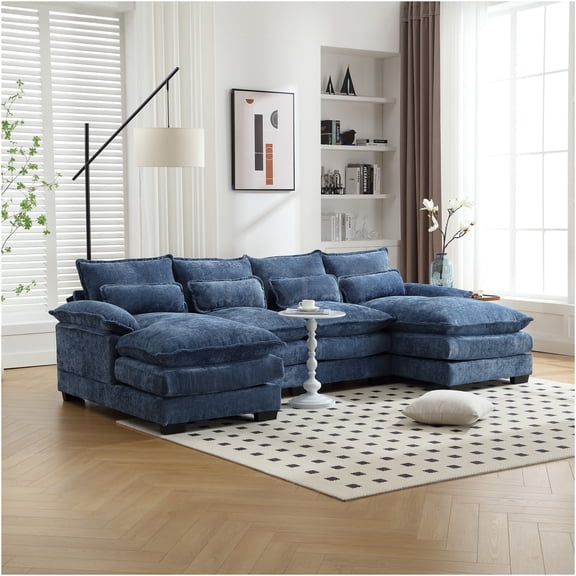 JERFIT Large U-Shape Chenille Sectional Sofa with Ottoman, Navy Blue Fabric Couch for Living Room, Reversible Chaise, Modern Spacious Seating
