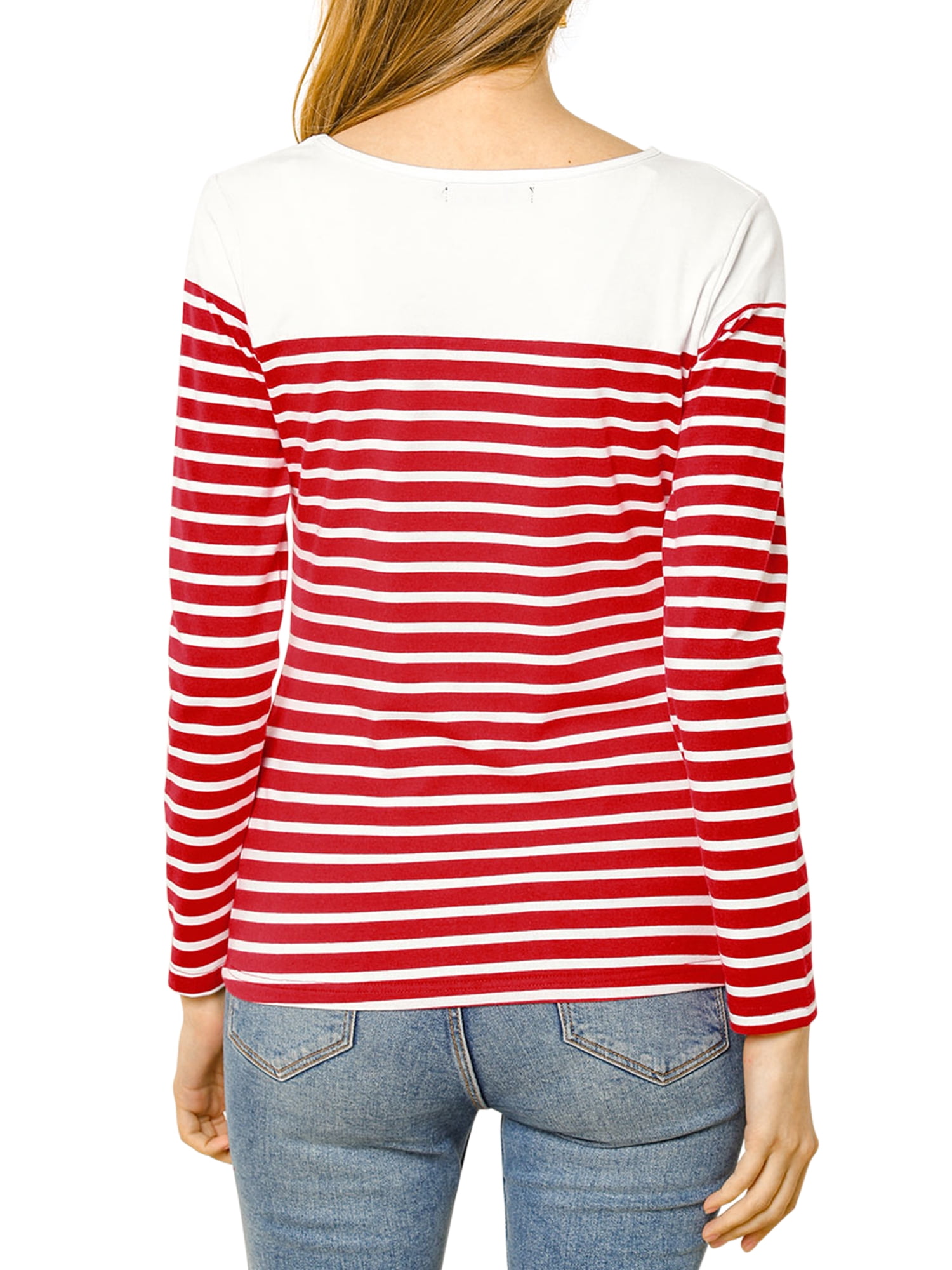 DARING DIVA Women's Color Block Striped Knit Top Long Sleeves T-Shirt XL Red-White