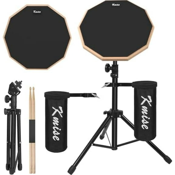 12-Inch Silent Drum Practice Pad with Iron Stand Set - Double-Sided Kit, Adjustable Height 23-35 Inches, Includes Drumsticks & Holder, Ideal for Beginners