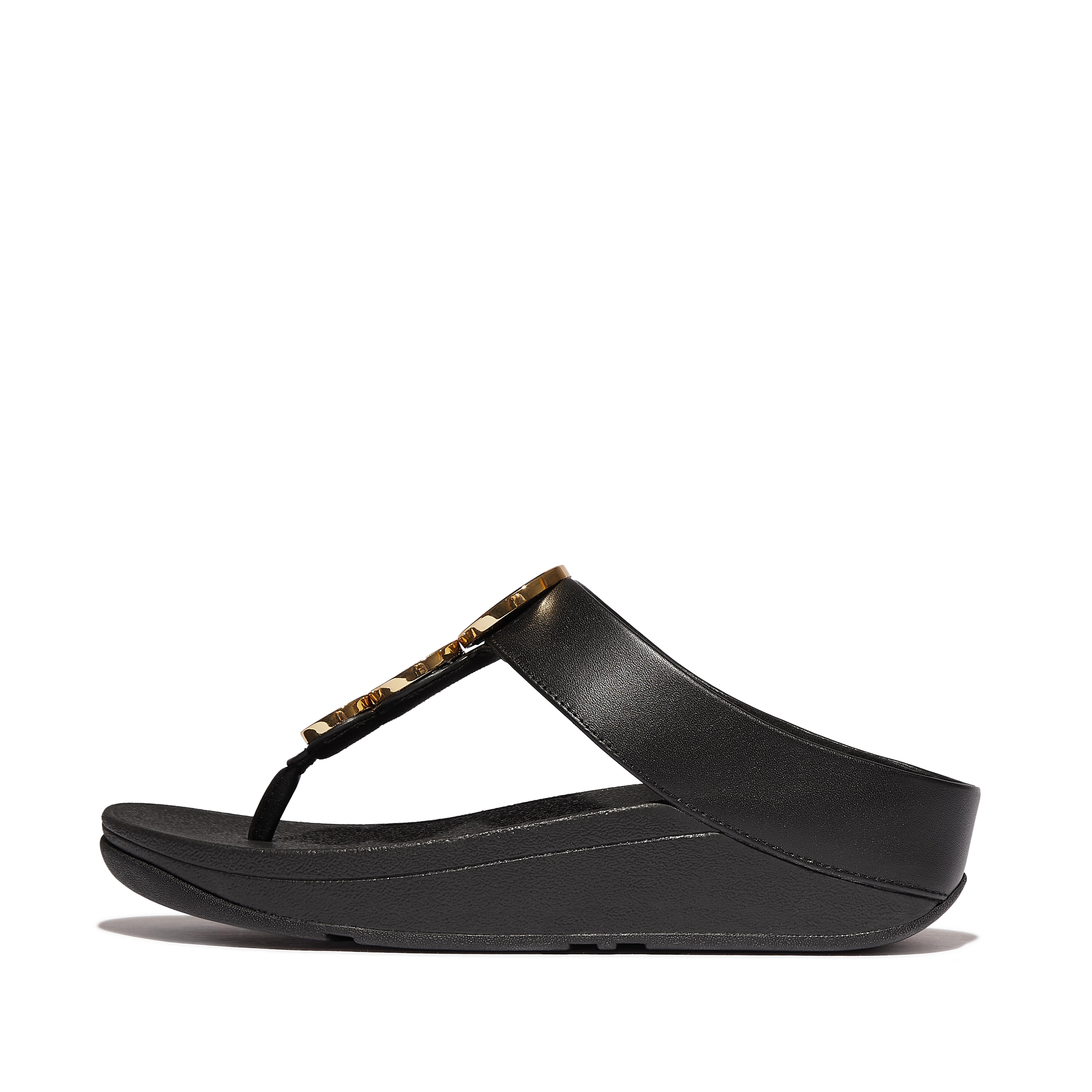 FitFlop Women's Fino Resin Hoop Leather Toe Post Wedge Sole Thong Sandals