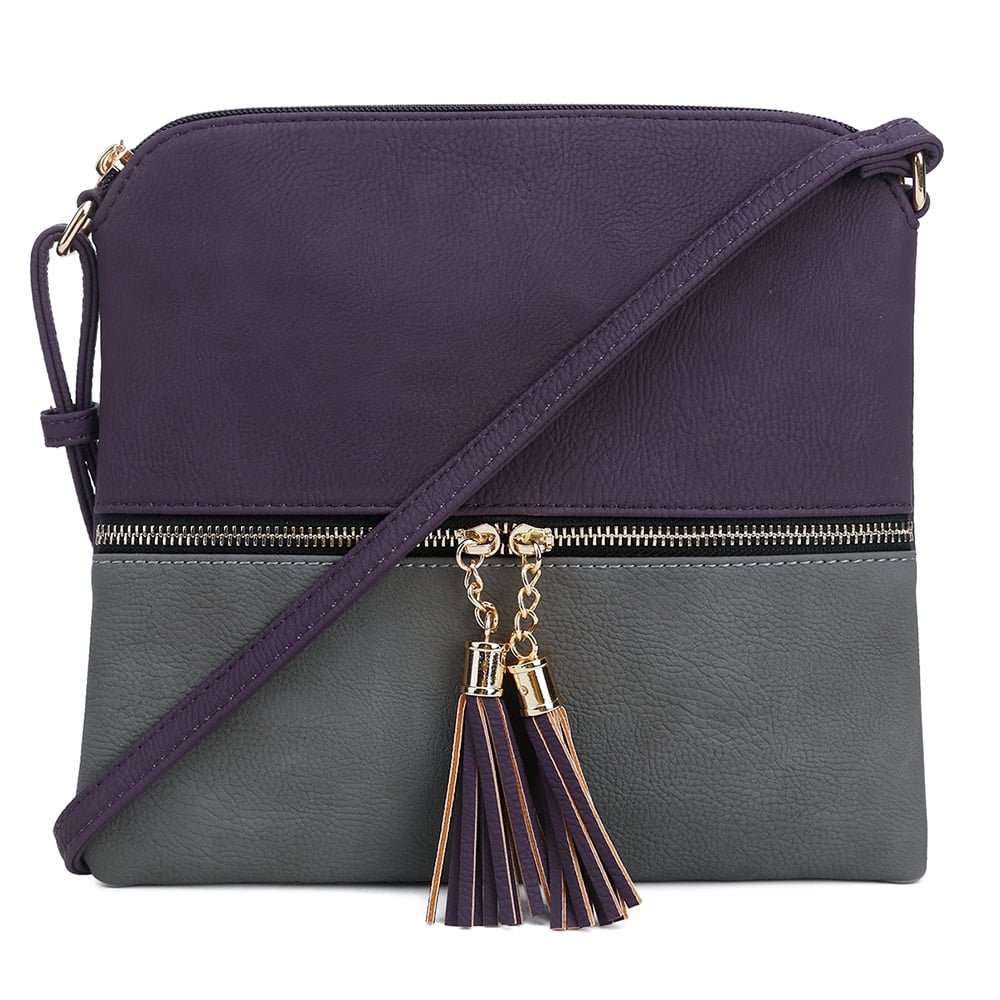 Lightweight Colorblock Medium Crossbody Bag with TasselPurple/Gray