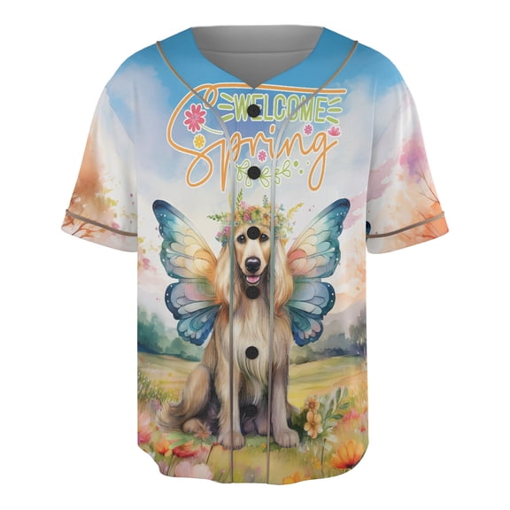 Welcome Spring Fairy Afghan Hound in Flower Meadow All Over Print 3D Baseball Shirt Dog Lover Softball Sport - 13002