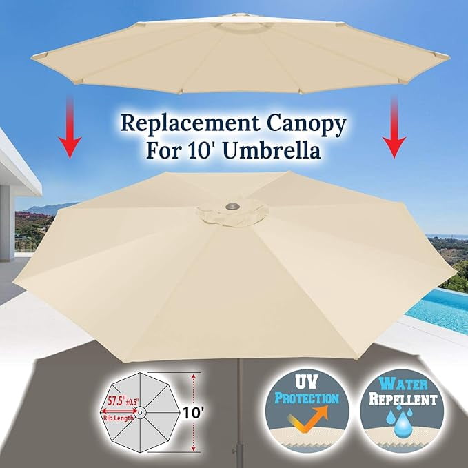 ALUVIERA 10' Umbrella Canopy Top Cover Patio Replacement Top Cover 8 Ribs Outdoor Sunshade