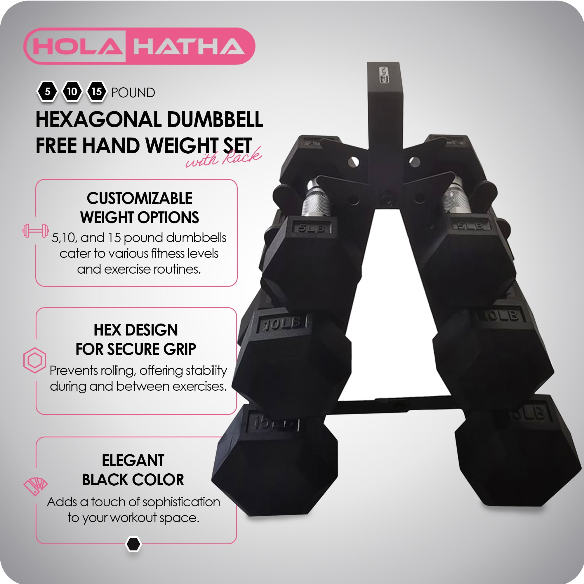 Open Box HolaHatha Hexagonal Dumbbell Weight Set w/Rack, 5, 10, & 15 Lbs