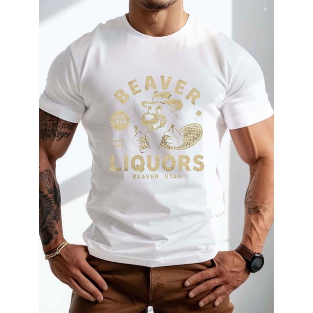 Camiseta de verano para hombre, cuello redondo informal con estampado geométrico de castor y botellas de licor, manga corta, corte regular, ligeramente elástica, para uso diario.