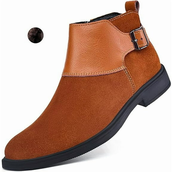 Men's Genuine Leather Buckle Dress Chelsea Boots with Side Zipper Fashion Pointed Toe Waterproof Non-Slip Casual Business Formal Booties