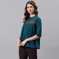 thumbnail image 5 of Janasya Indian Chinese Neck 3/4 Sleeve Embroidered Teal Cotton Flex Top For Women, 5 of 8