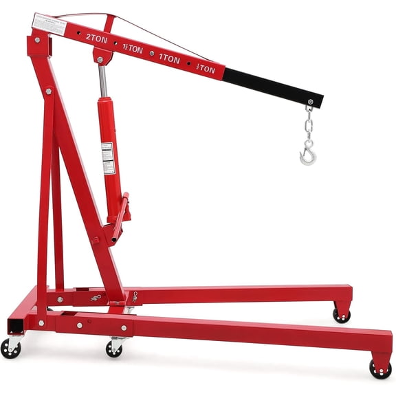 Cherry Picker Engine Hoist, 2 Ton 4400 LBS Heavy Duty Folding Folding Engine Shop Crane, Hydraulic Tilting Engine Lift with 6 Steel Caster Wheels Telescopic Boom Hitch, Red