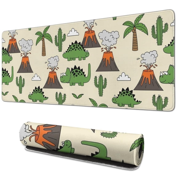 Long Mouse Pads for Desk,Beige Cartoon Dinosaurs Volcanoes Cacti Desk Mats on Top Of Desks, Desk Mouse Pad Extra Large with 3mm Non-Slip Base and Stitched Edge for Gaming,Work,Home 31.5"x11.8"