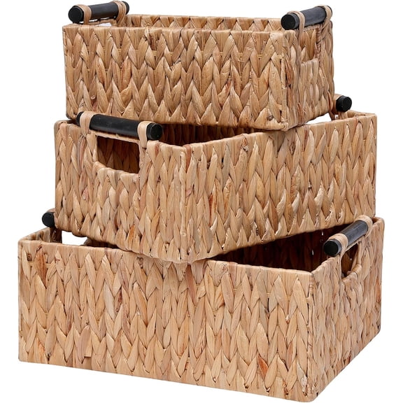 KUNPENG Water Hyacinth Woven Storage Basket with Handles, Decorative Wicker Basket for Laundry, Shelves & Closet Organization, Natural Woven Baskets for Organizing Blankets, Toys, and Sundries