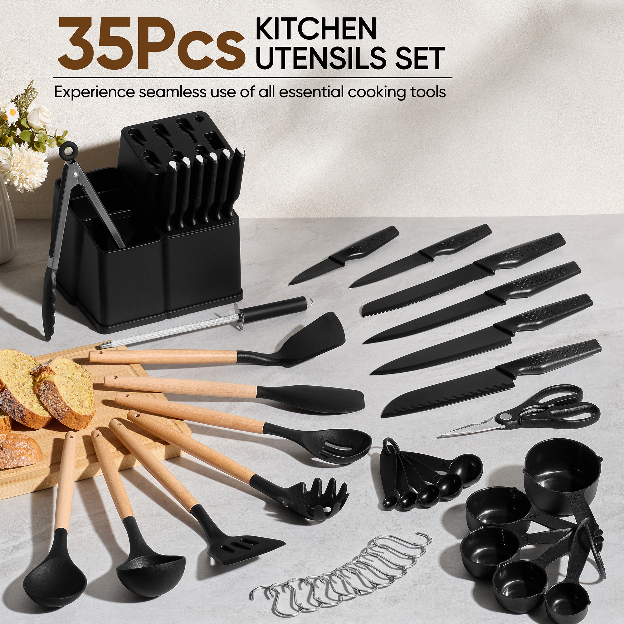 Vesteel 43-Piece Kitchen Knife and Utensil Set, High Carbon Stainless Steel Kitchen Knives with Silicone Cooking Utensils, Non-Stick Cookware, Ultra-sharp & Rust