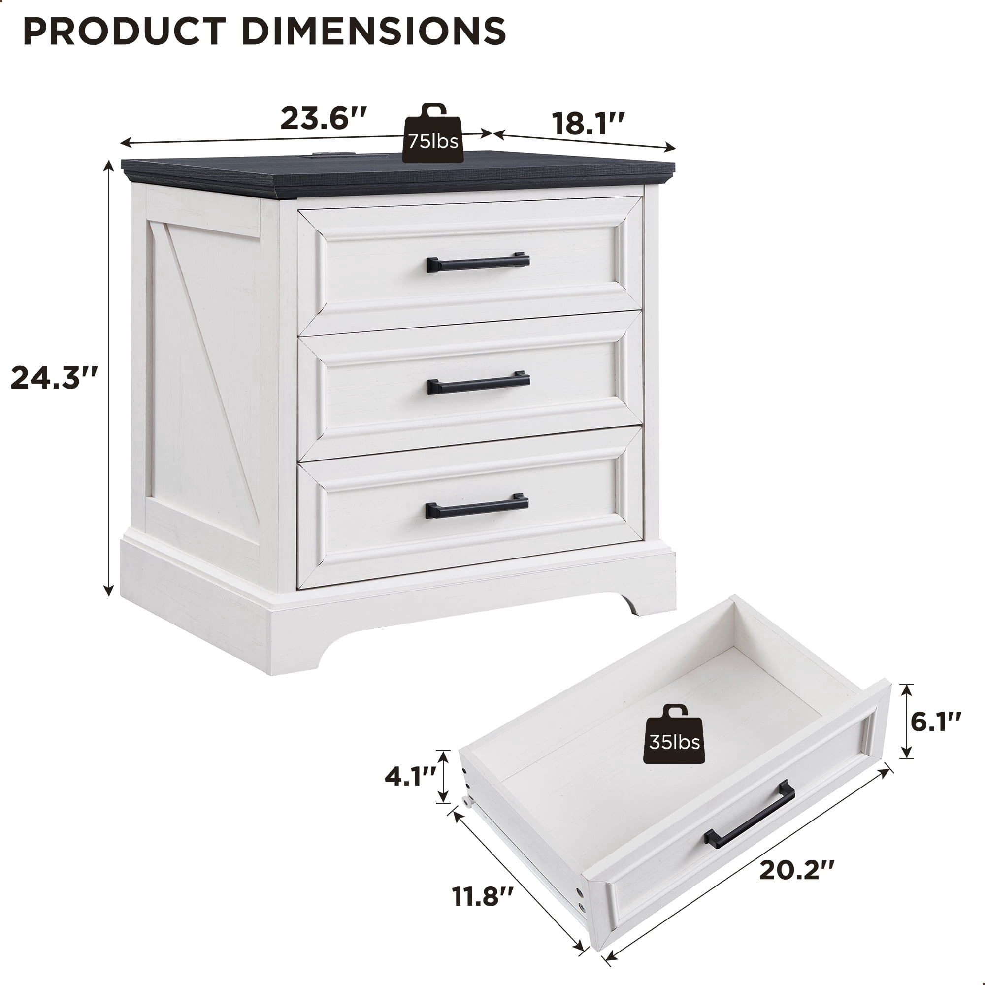 ACCOHOHO Rustic 3 Drawers Nightstand with Charging Station, 24" Wide Wood Farmhouse Night Stand with Drawers for Bedroom, Living Room, White