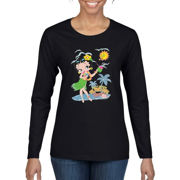 Wild Bobby Betty Boop Island Girl Paradise Betty Boop Womens Long Sleeve T-Shirt, Black, Small