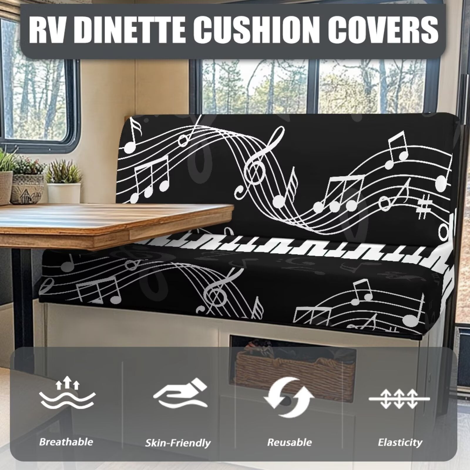 Psesaysky RV Dinette Cushion Covers Stretch Camper Cushion Slipcover Non-Slip Art Piano Music Note Sofa Couch Cover for Travel Trailer Includes 1 Seat Covers and 1 Back Covers