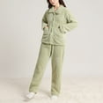 thumbnail image 5 of Telankuip 2 Piece Fuzzy Pajama Sets Long Sleeve Lapel Button down Tops Wide Leg Pants Plush Soft Comfort Winter Warm Loungewear Sleewear Outfits with Pockets 1-Green XL, 5 of 5