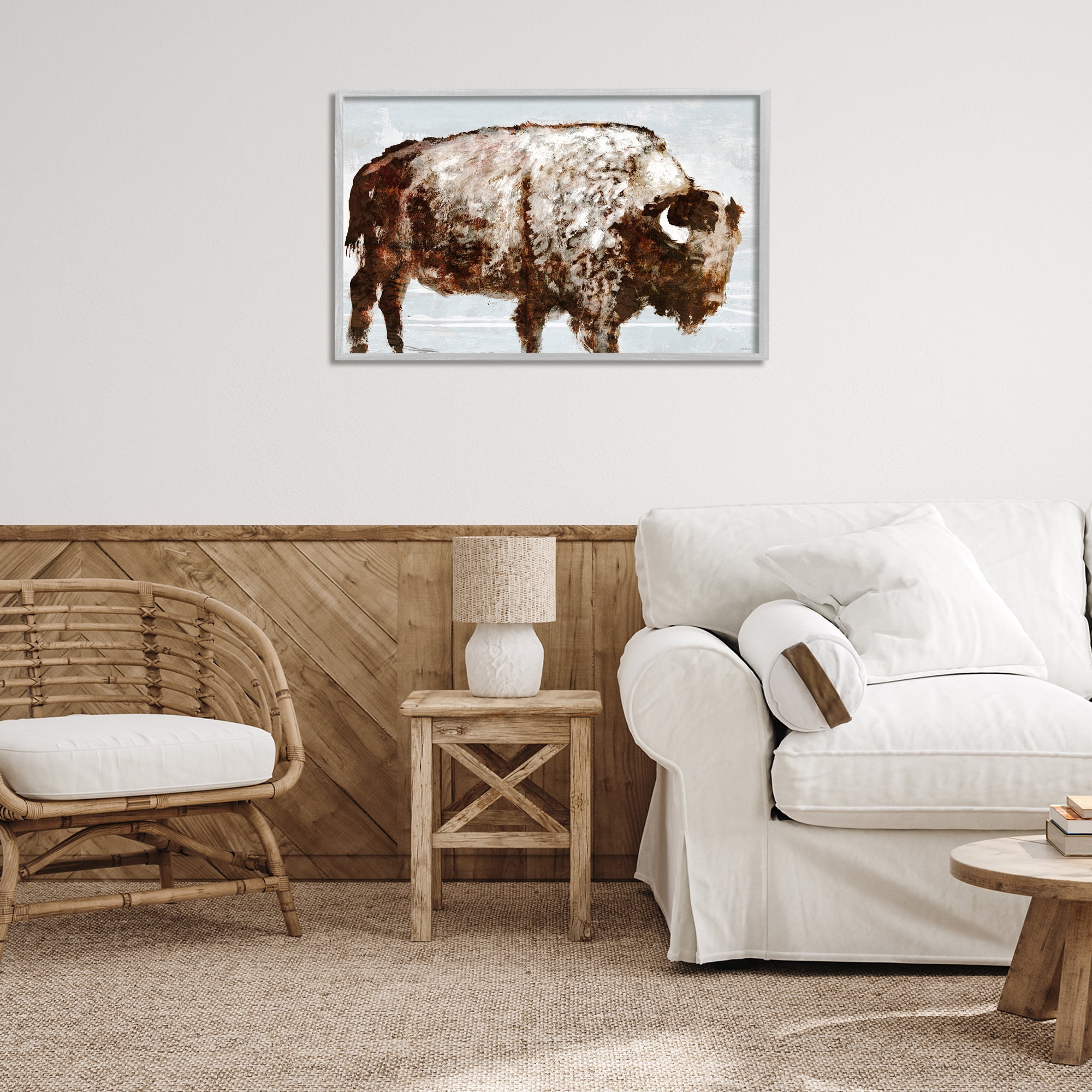 Stupell Industries Abstract Buffalo Impression Animals & Insects Painting Gray Framed Art Print Wall Art, 30 x 20