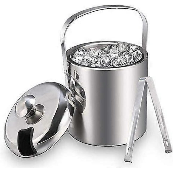 Ice Bucket Ice Bucket Champagne Cooler Ice Cube Container with Tongs and Lid Stainless Steel Wine Cooler Ice Bucket Ice Bucket 1.3 L,Silver