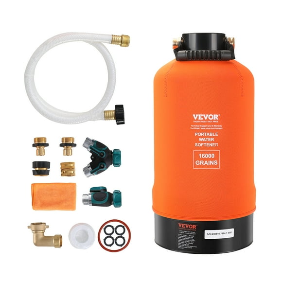 VEVOR RV Water Softener, 16,000 Grain Portable Water Softener, with 3/4" Brass Fittings and 42" Hose, Soften Hard Water Filter System for RVs