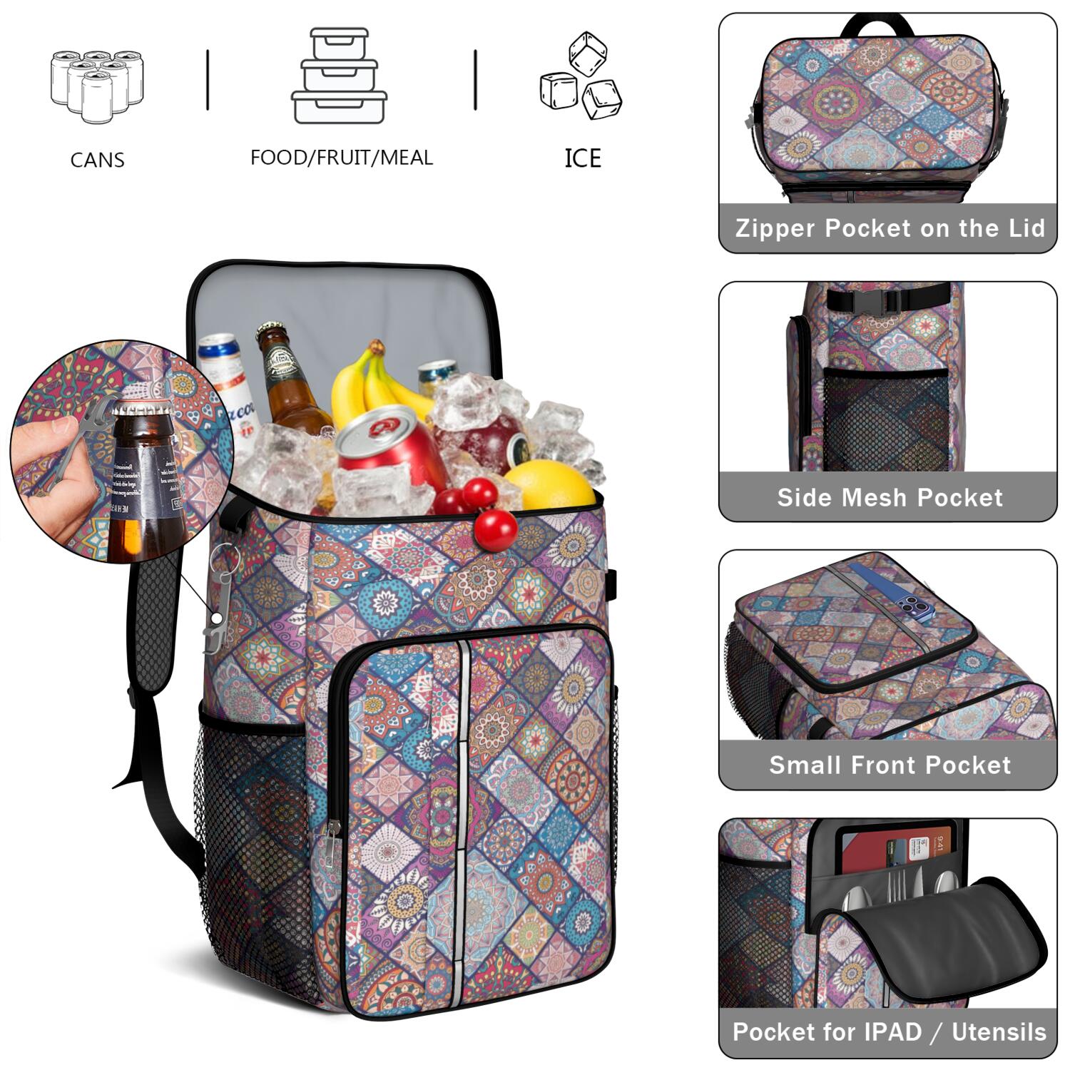 Travel Cooler Bag - Boho Bohemia Flower Camping Beer Cooler Backpack with Bottle Opener- Waterproof Insulated Picnic Backpacks - Cooler Bag for Beach