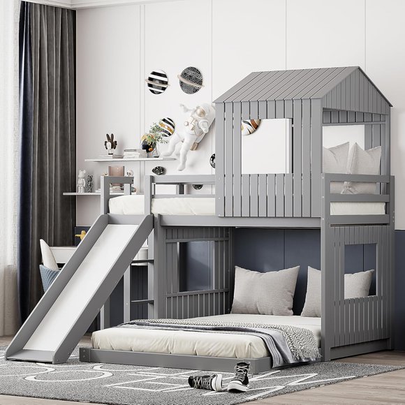 House Bunk Beds with Slide, Twin Over Full Bunk Bed for Kids with Playhouse Design, Wood Toddler Bunk Beds with Roof,Windows and Ladder for Boys or Girls, Grey