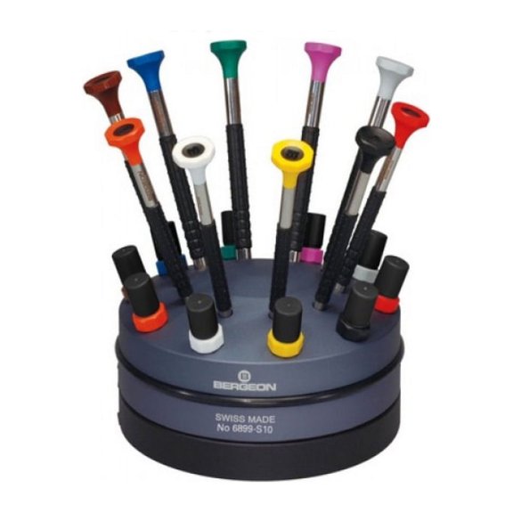 Bergeon 6899-S10 set of 10 ergonomic screwdrivers with spare blades on a rotating base