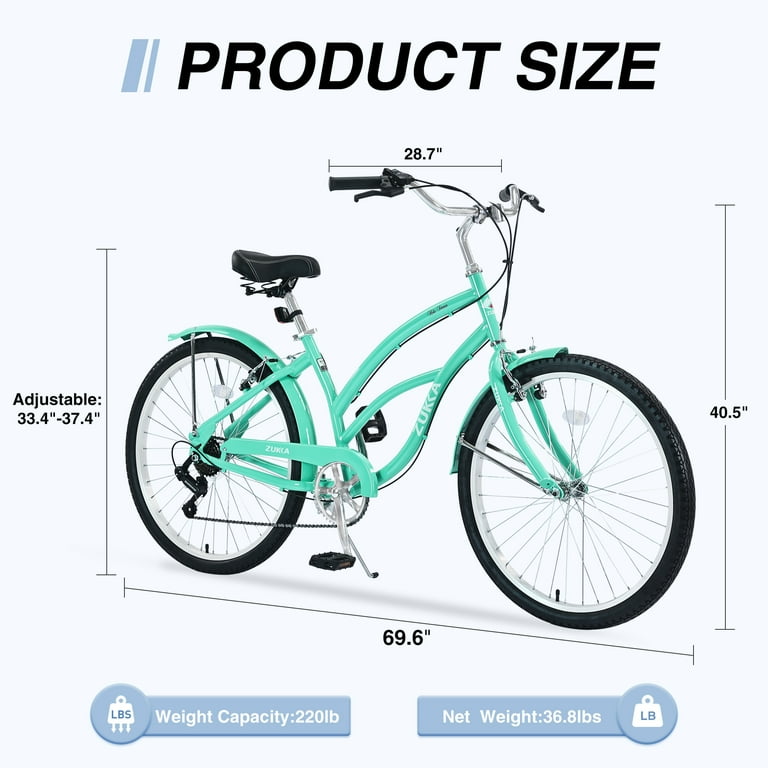 26 inch Beach Cruiser Bike for Men Women Shimano 7 Speed Bicycles Front and Rear V Brakes Mint Green Walmart