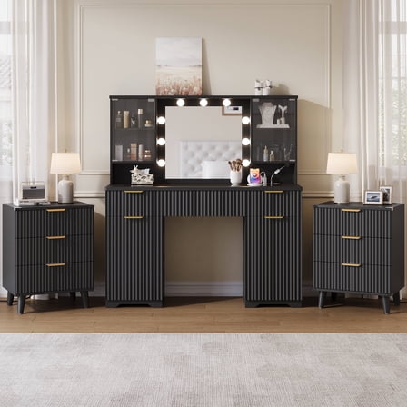 GIKPAL 3-Piece Bedroom Set - Includes Modern Glass Top Vanity with Mirror and Lights & Set of 2 Nightstands with Charging Station, Boho Fluted Bedroom Furniture, Black