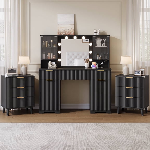 GIKPAL 3-Piece Bedroom Set - Includes Modern Glass Top Vanity with Mirror and Lights & Set of 2 Nightstands with Charging Station, Boho Fluted Bedroom Furniture, Black