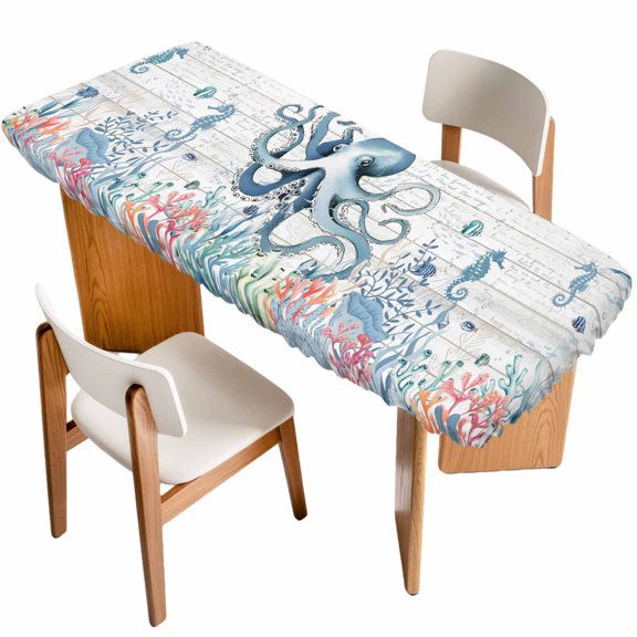 Coastal Octopus Table Cloths for 8 Foot Rectangle Tables, Beach Nautical Ocean Coral Seahorse Vintage Patio Waterproof Elastic Fitted Tablecloths, Washable Rectangular Table Cover for Camping