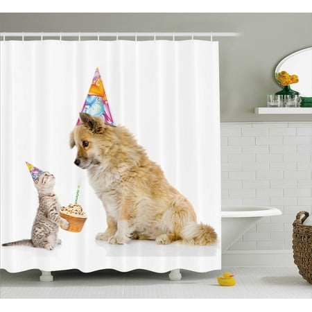 Birthday Decorations for Kids Shower Curtain, Cat and Dog Human Best Friend Party with Cupcake and Candle, Fabric Bathroom Set with Hooks, 69W X 70L Inches, Multicolor, by